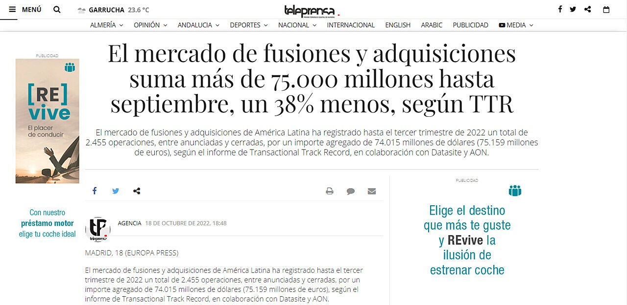 El mercado de fusiones y adquisiciones suma ms de 75.000 millones hasta septiembre, un 38% menos, segn TTR